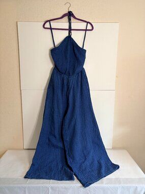 Aerie Woman's Gauzy Halter Relax Fit Tie Neckline Blue Wide Leg Jumpsuit Size M